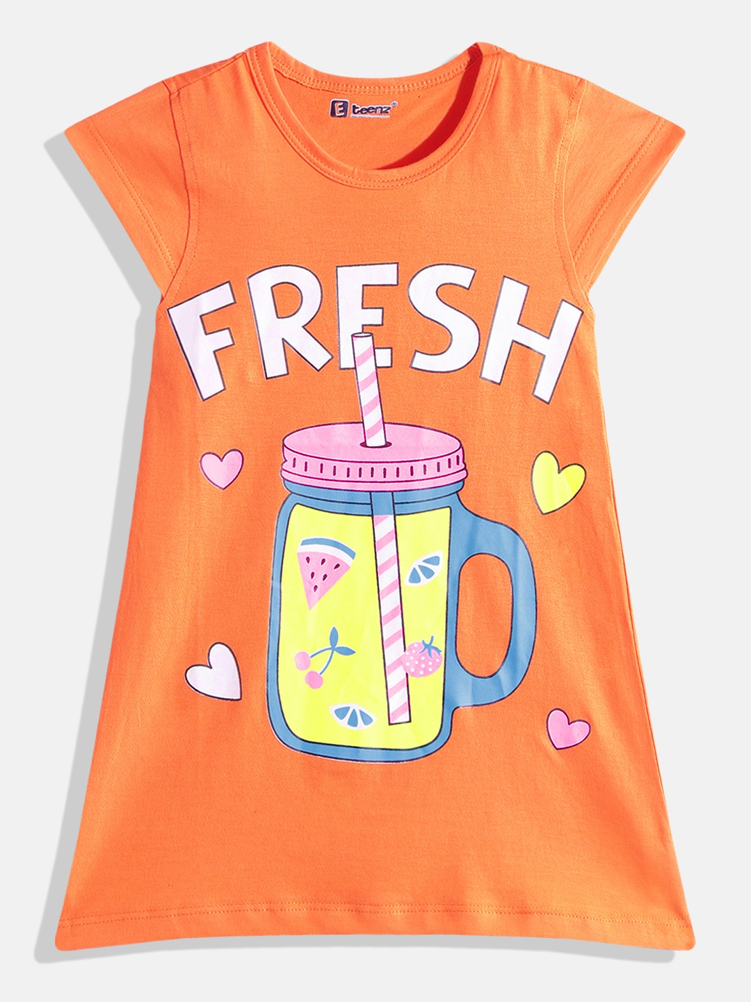 

Eteenz Girls Printed Cotton T-shirt Dress, Orange