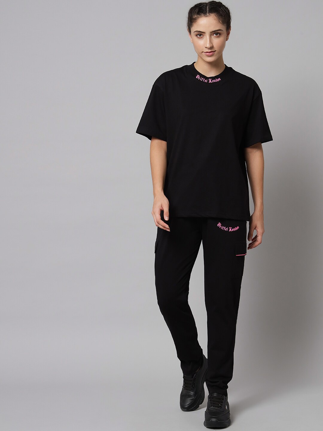 

GRIFFEL Typography Printed Pure Cotton Oversized T-Shirt & Trouser, Black