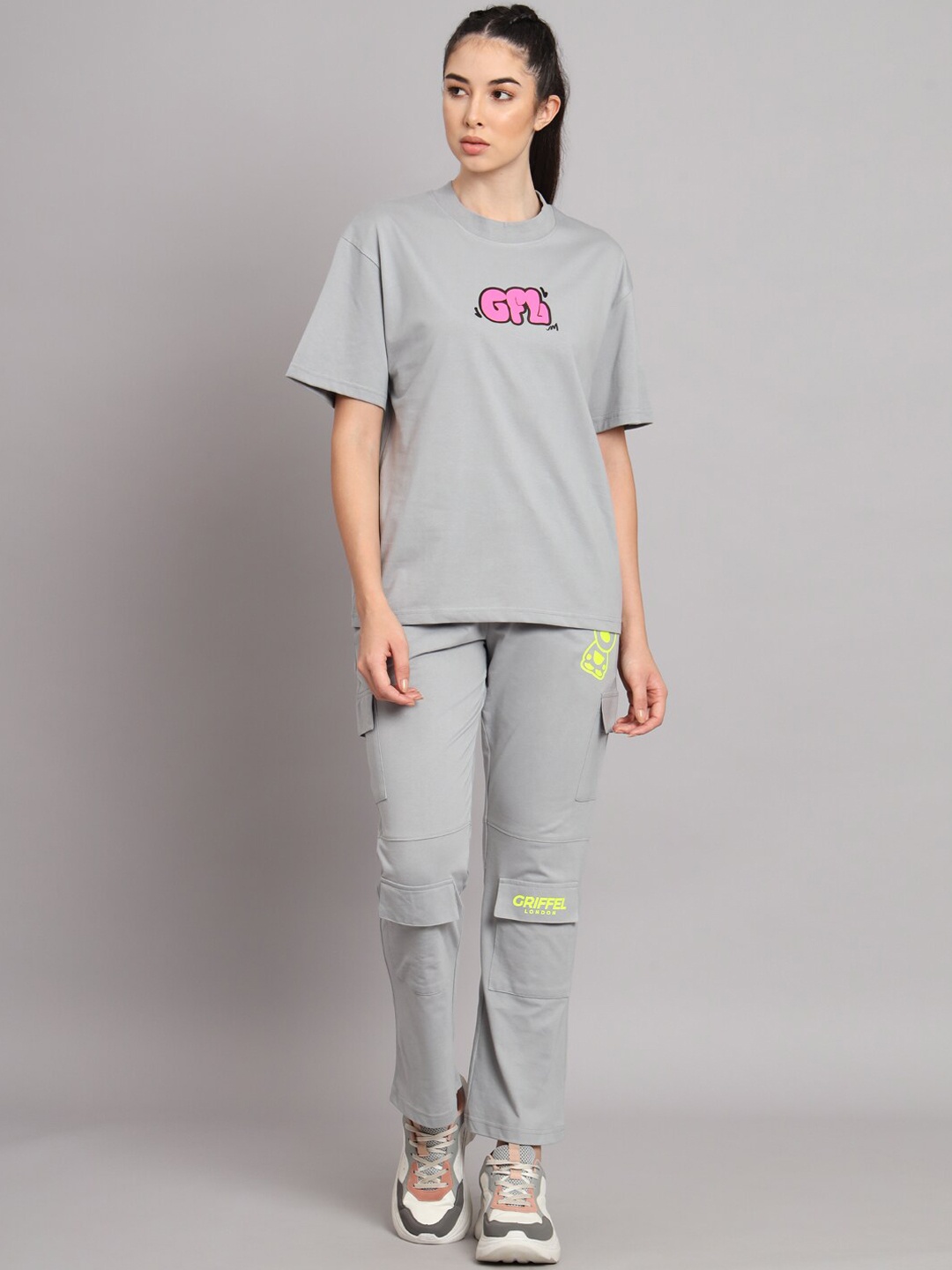 

GRIFFEL Printed Pure Cotton Oversized T-Shirt With Trouser, Grey