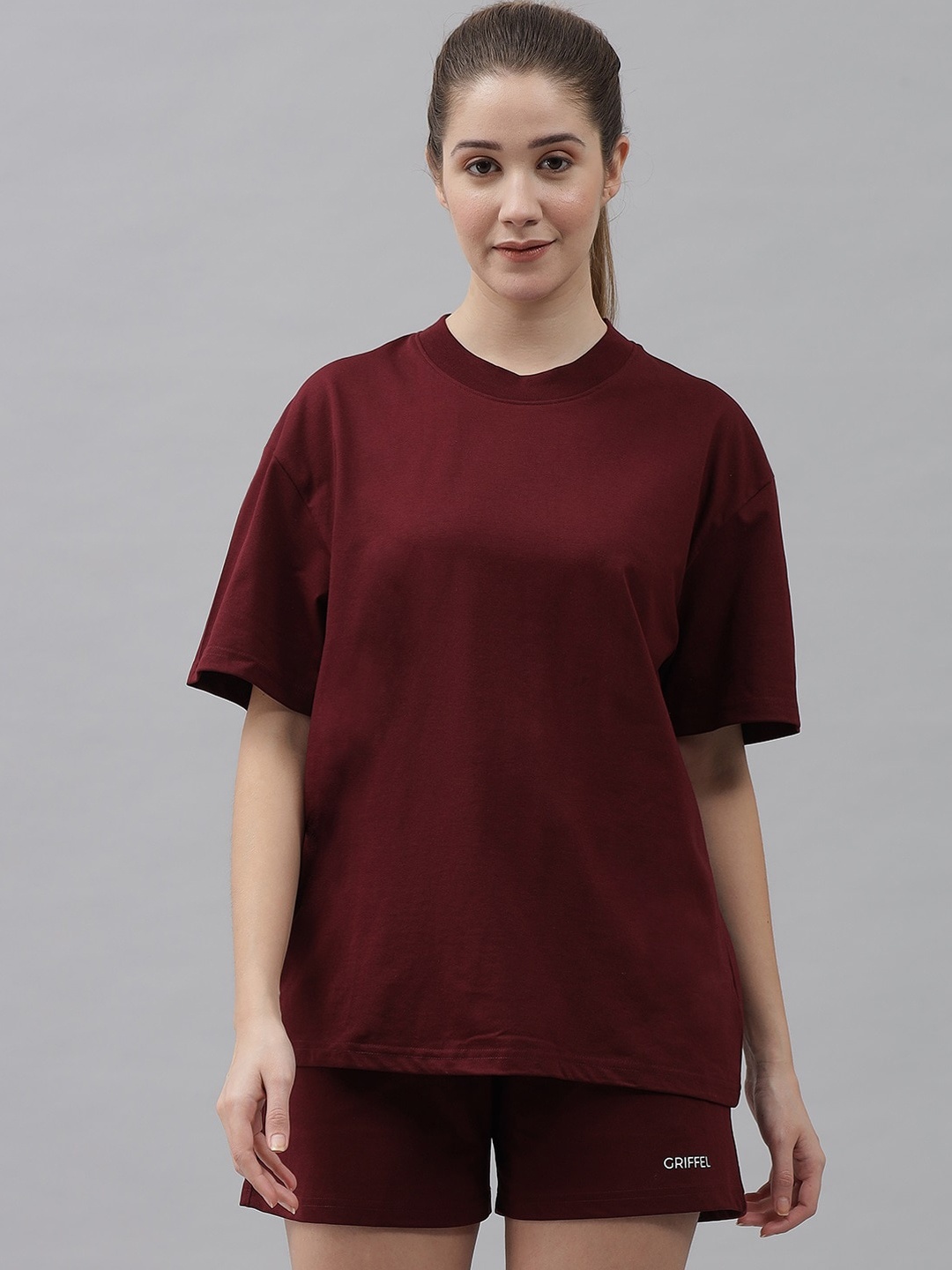 

GRIFFEL Round Neck Pure Cotton Oversized T-Shirt & Trouser, Maroon