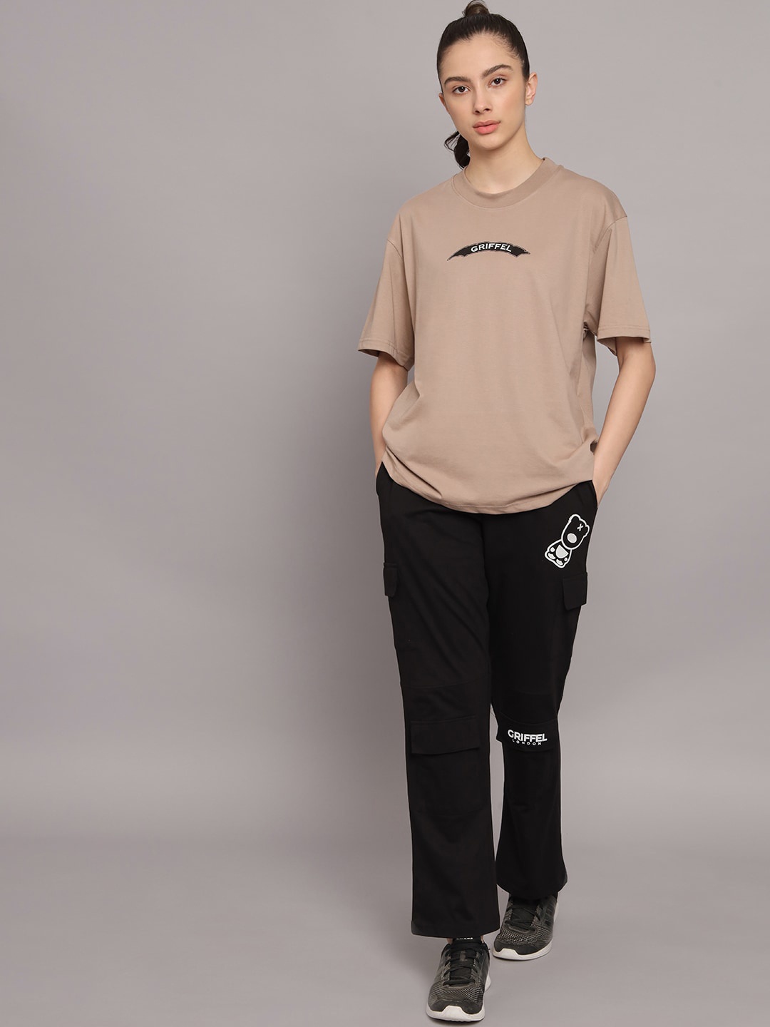 

GRIFFEL Printed Pure Cotton Oversized Fit T-Shirt & Cargo Trouser, Camel brown