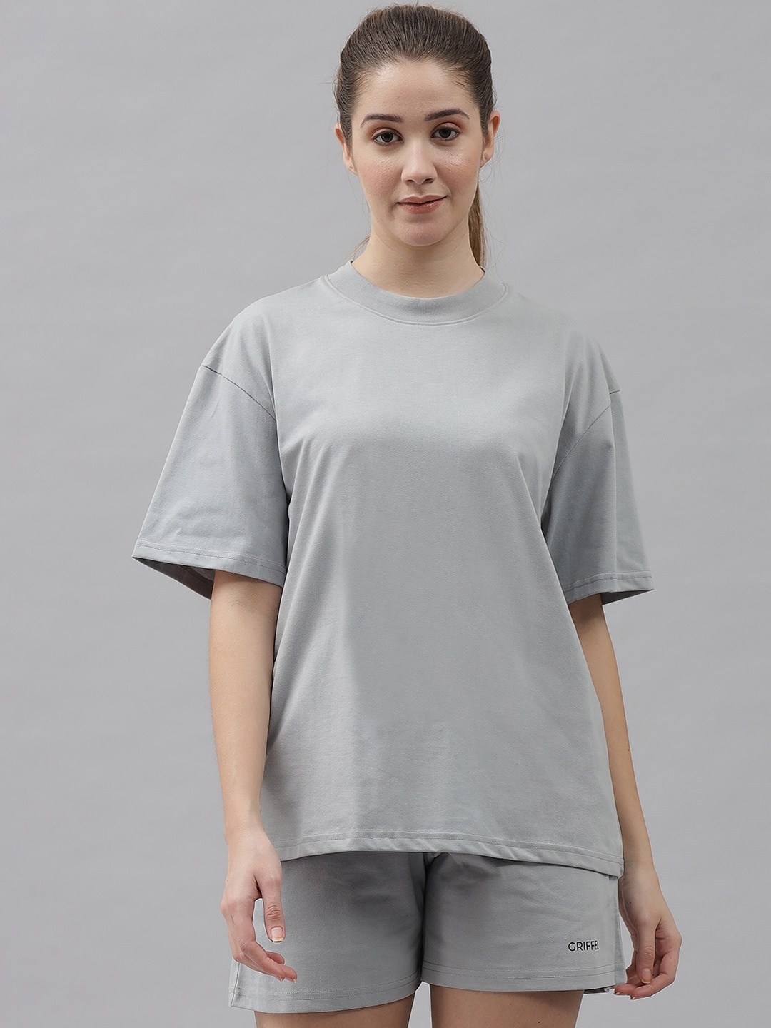 

GRIFFEL Round Neck Pure Cotton Oversized Fit T-Shirt & Shorts, Grey