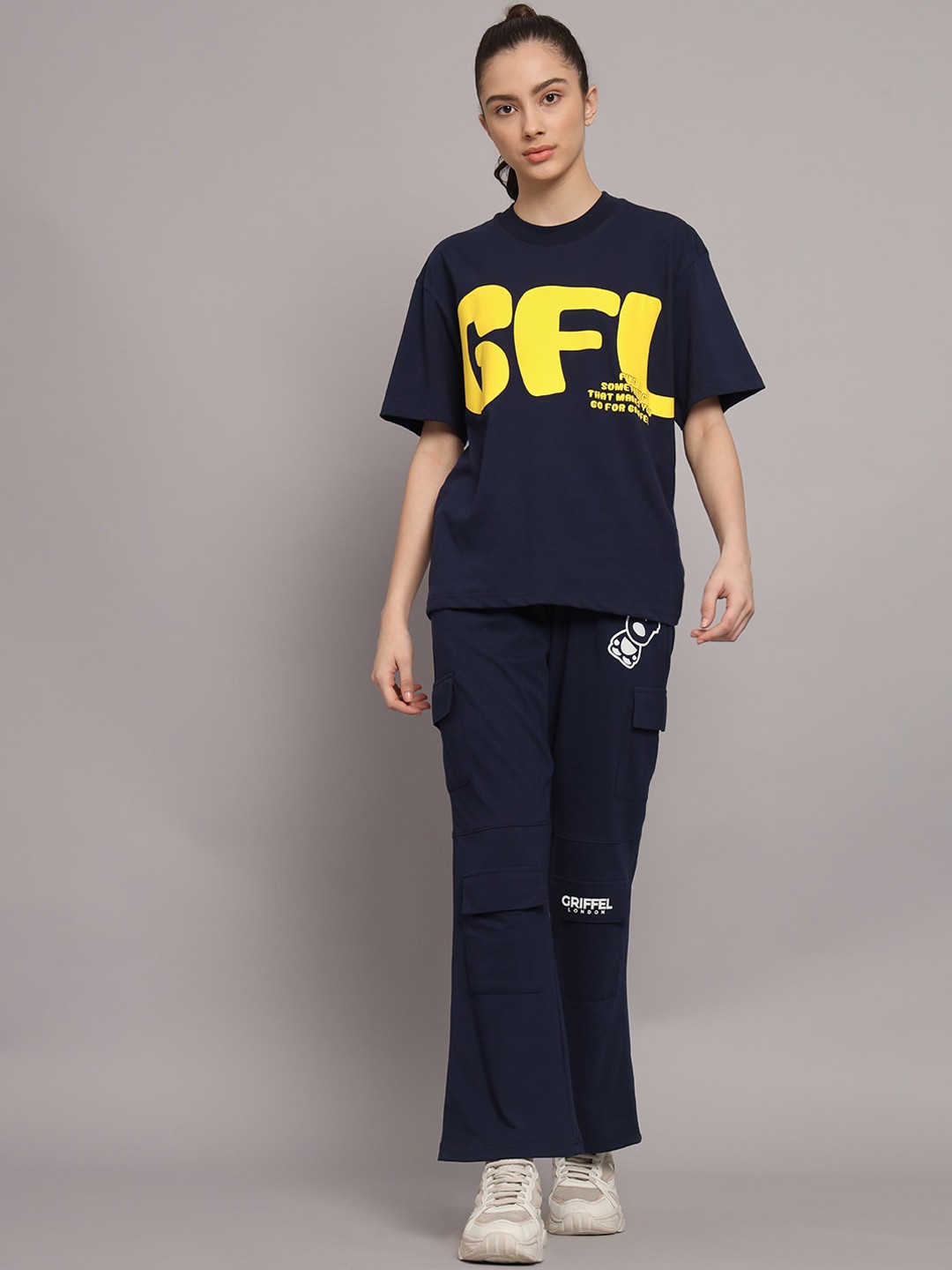 

GRIFFEL Printed Pure Cotton Oversized T-Shirt With Trouser, Navy blue