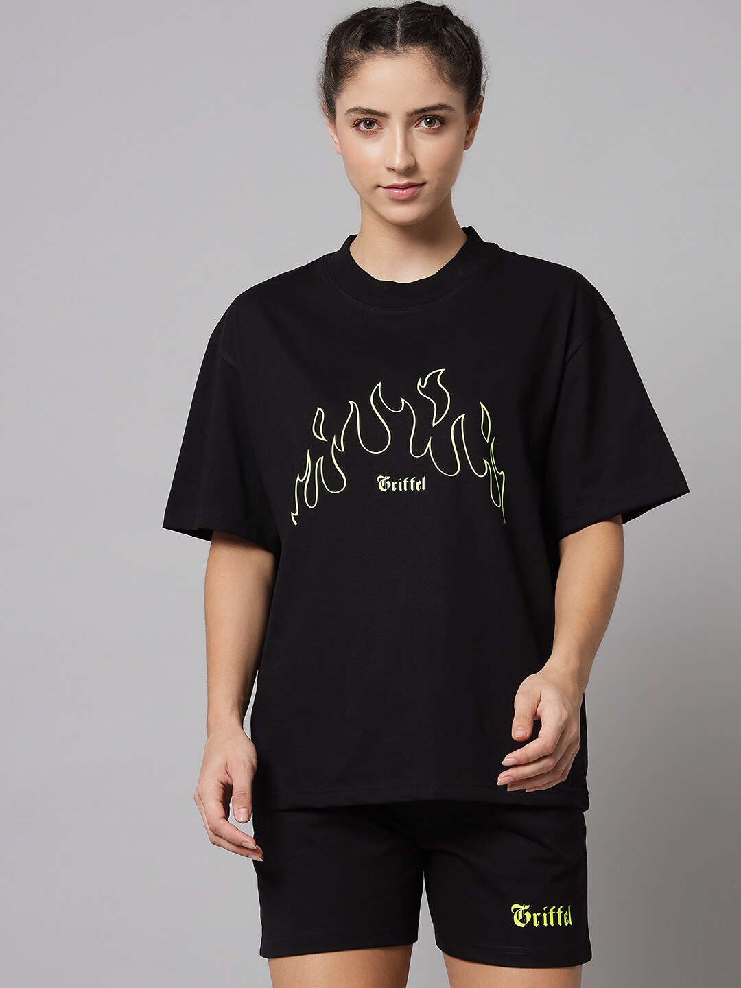 

GRIFFEL Printed Pure Cotton Oversized T-Shirt With Shorts, Black