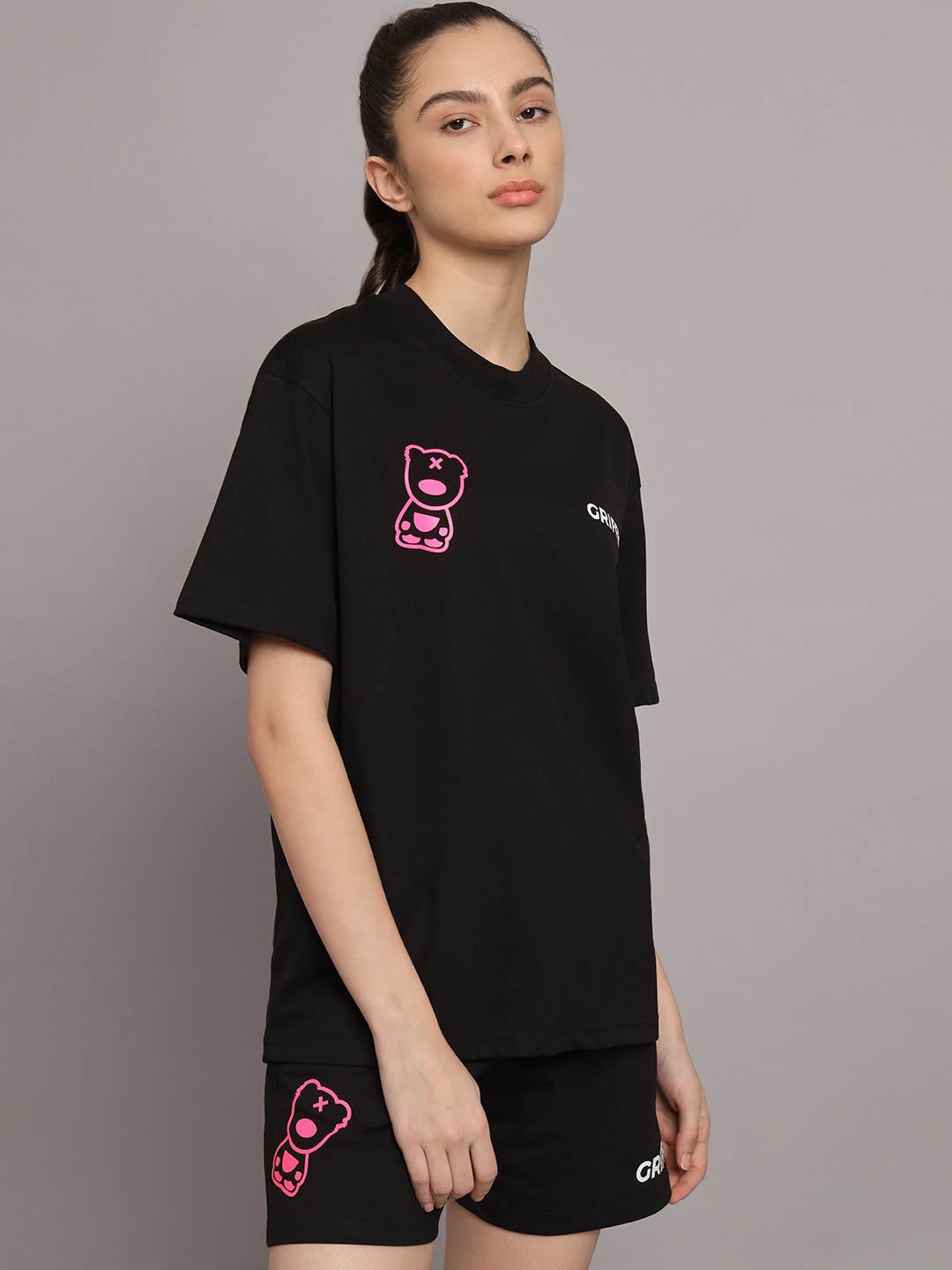

GRIFFEL Printed Pure Cotton Oversized Fit T-Shirt & Shorts, Black