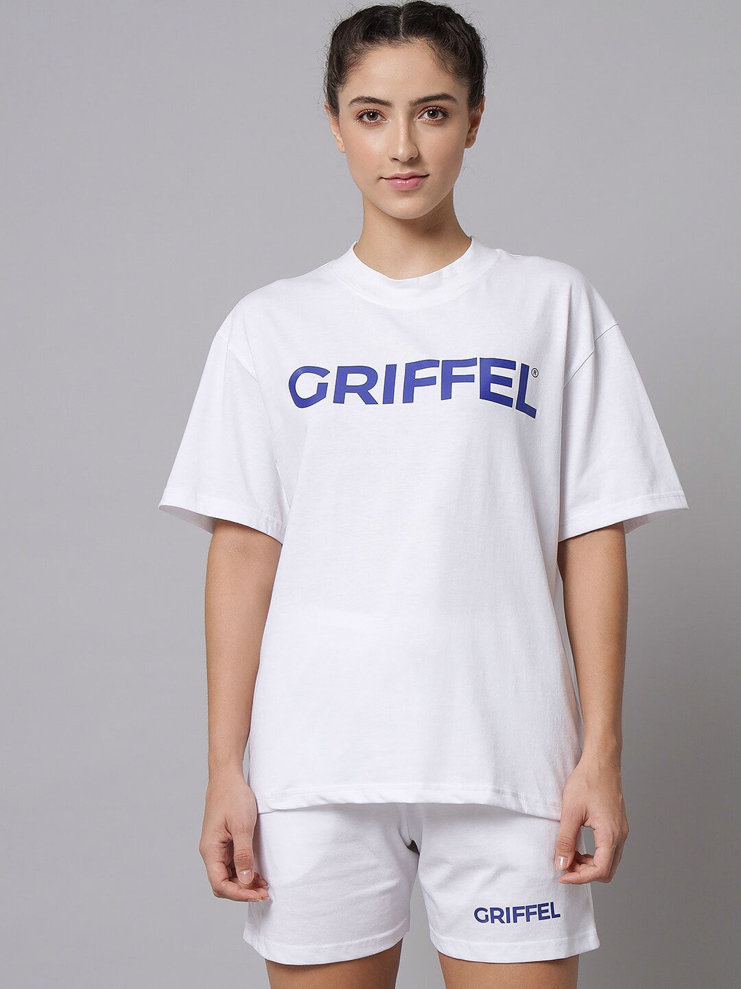 

GRIFFEL Printed Pure Cotton Oversized T-Shirt With Shorts, White
