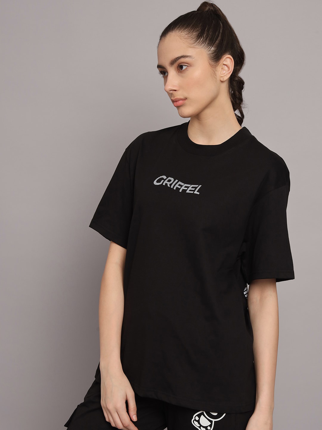 

GRIFFEL Printed Pure Cotton Oversized Fit T-Shirt & Cargo Trouser, Black
