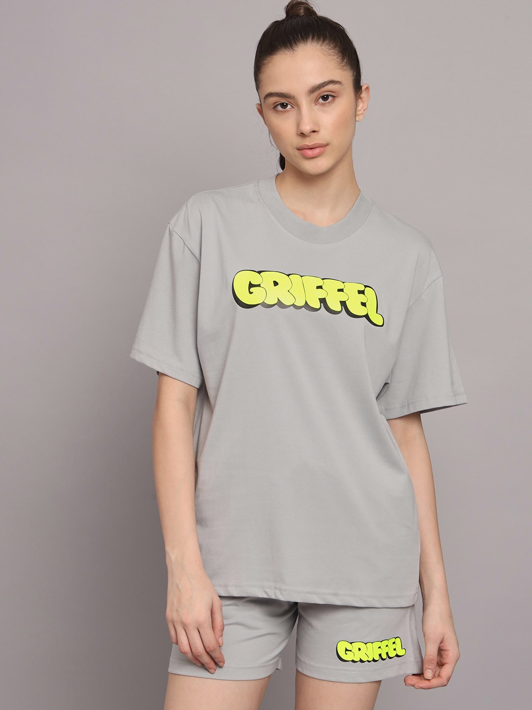 

GRIFFEL Printed Pure Cotton Oversized Fit T-Shirt & Shorts, Grey