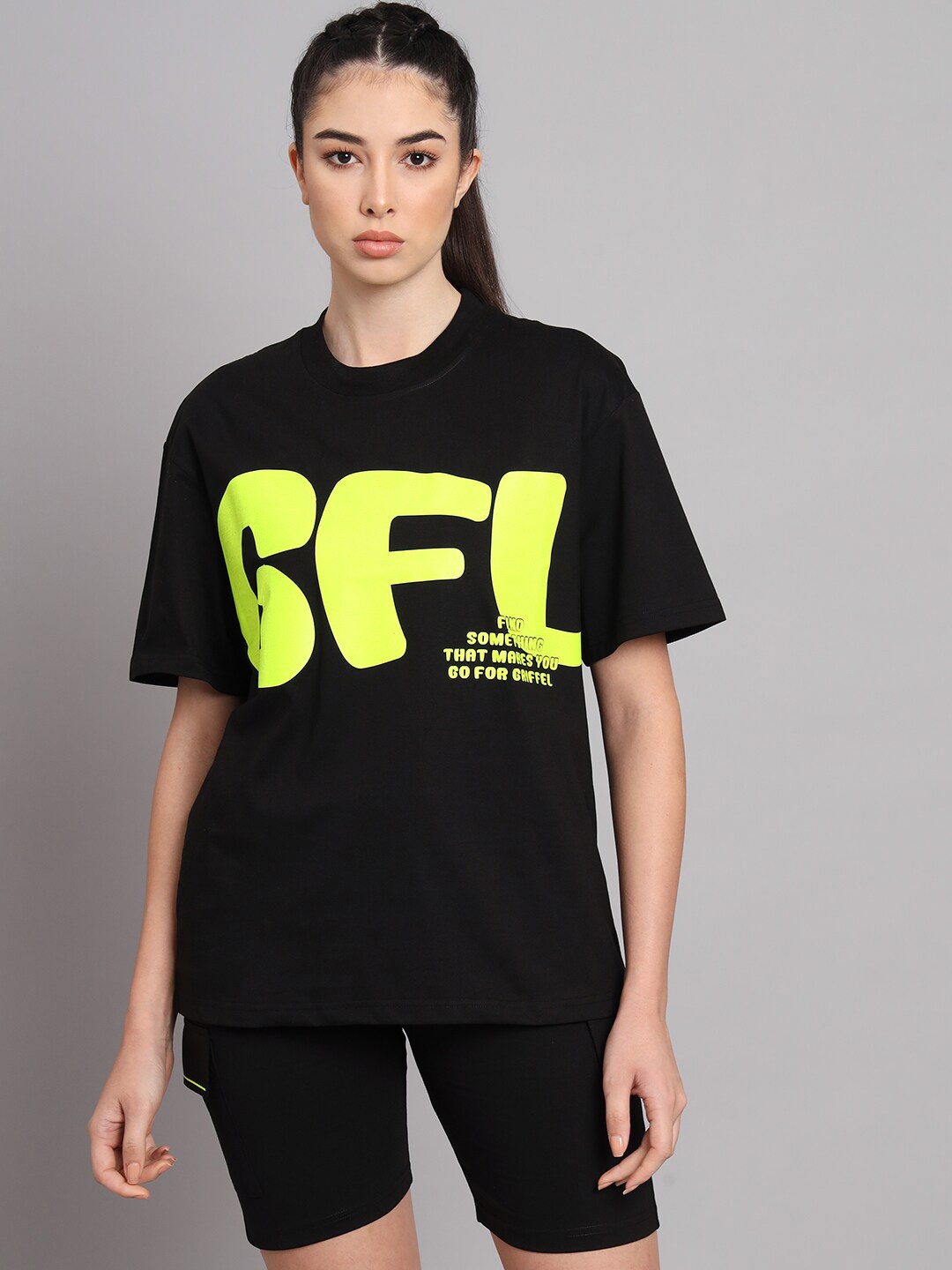 

GRIFFEL Printed Pure Cotton Oversized T-Shirt With Shorts, Black