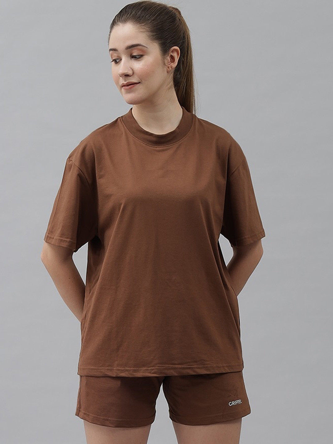 

GRIFFEL Pure Cotton Over Size T-Shirt & Shorts Co-Ords, Coffee brown