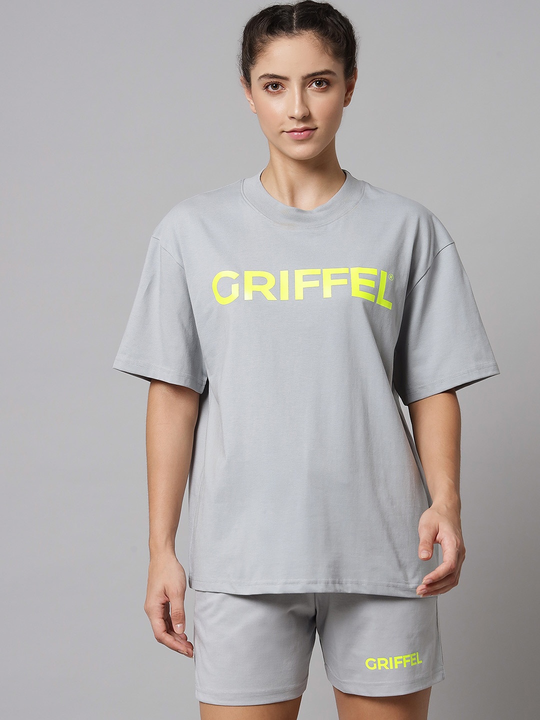 

GRIFFEL Printed Pure Cotton Oversized Fit T-Shirt & Shorts, Grey