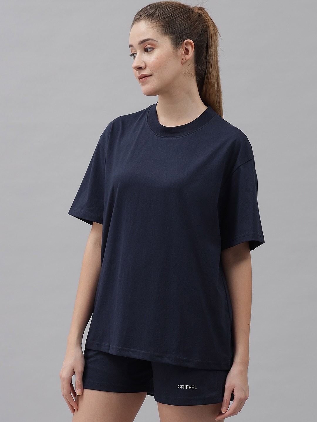

GRIFFEL Round Neck Pure Cotton Oversized Fit T-Shirt & Shorts, Navy blue