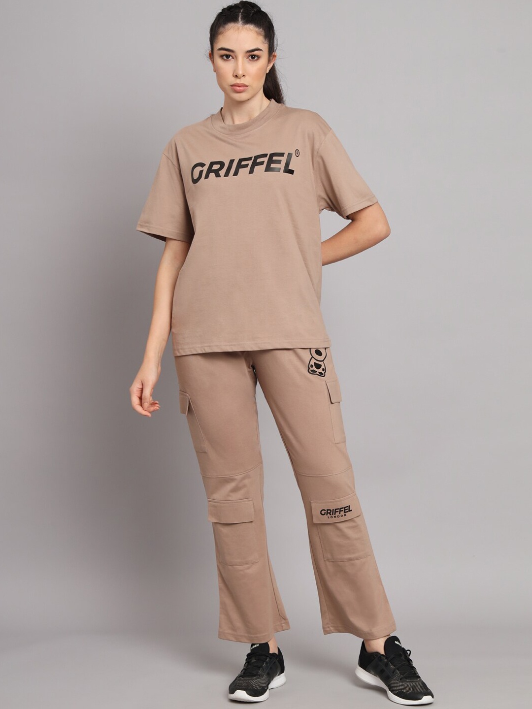 

GRIFFEL Printed Pure Cotton Oversized Fit T-Shirt & Cargo Trouser, Camel brown