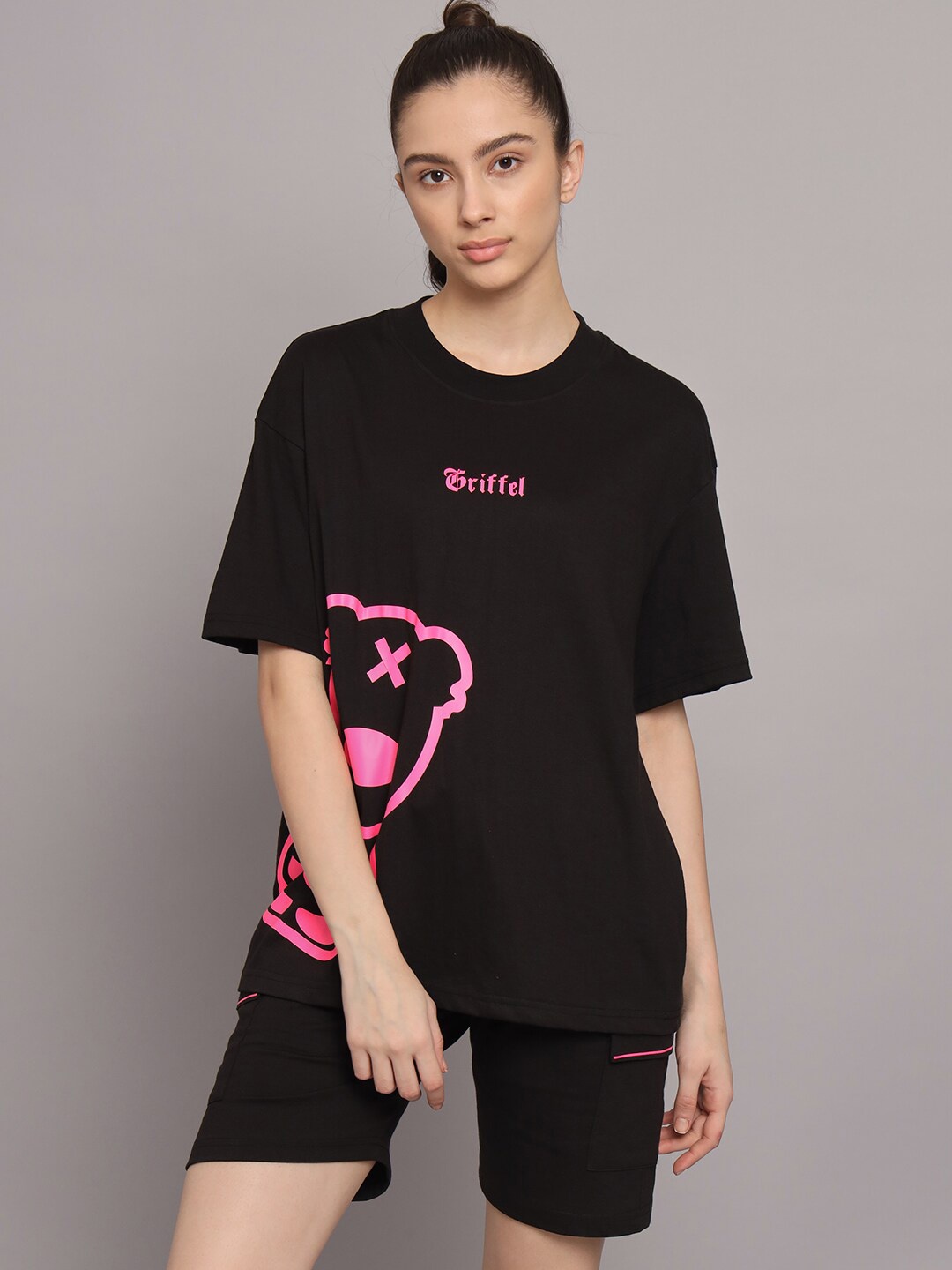 

GRIFFEL Printed Pure Cotton Oversized T-Shirt With Shorts, Black