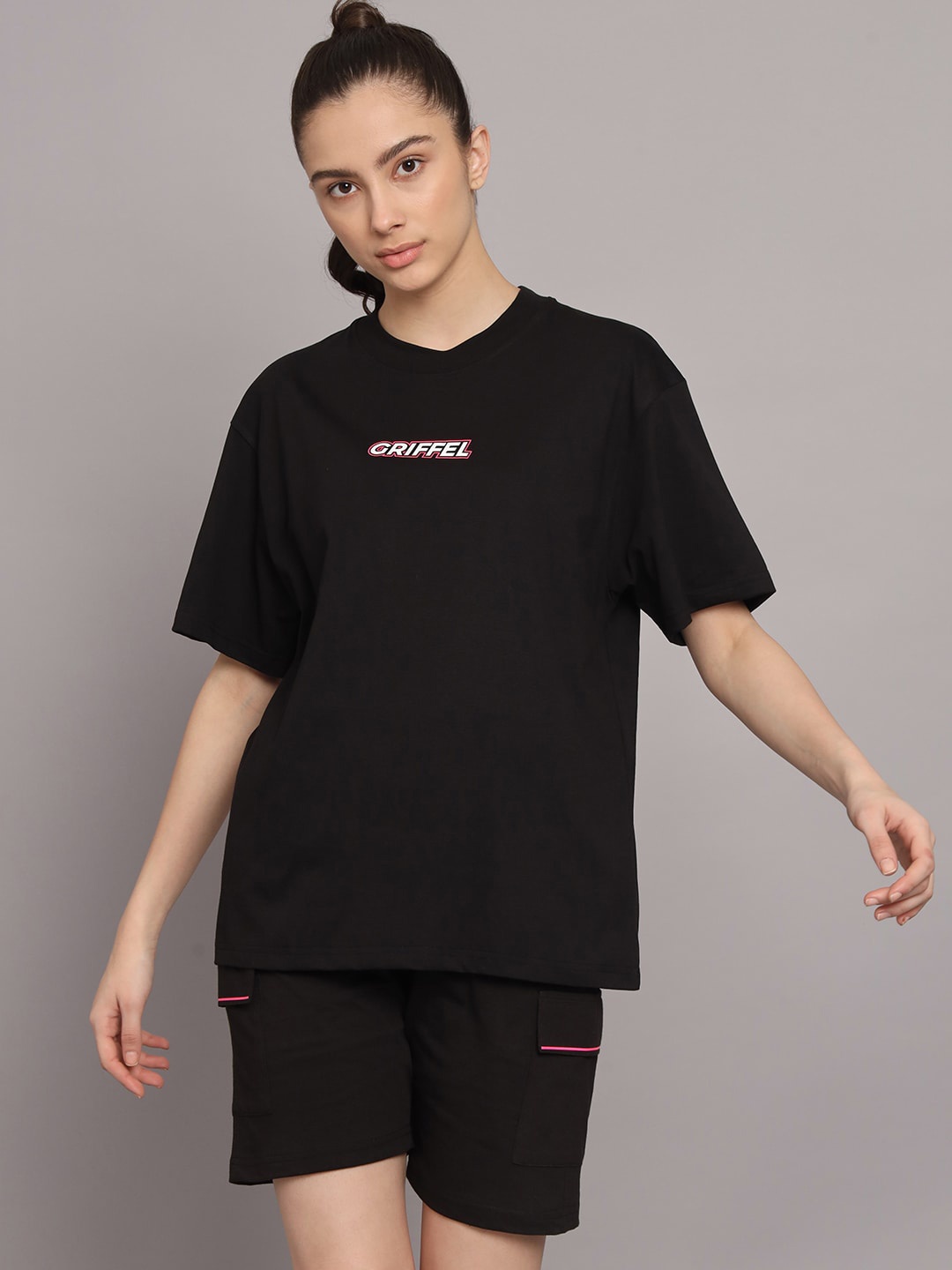

GRIFFEL Printed Pure Cotton Oversized T-Shirt With Shorts, Black