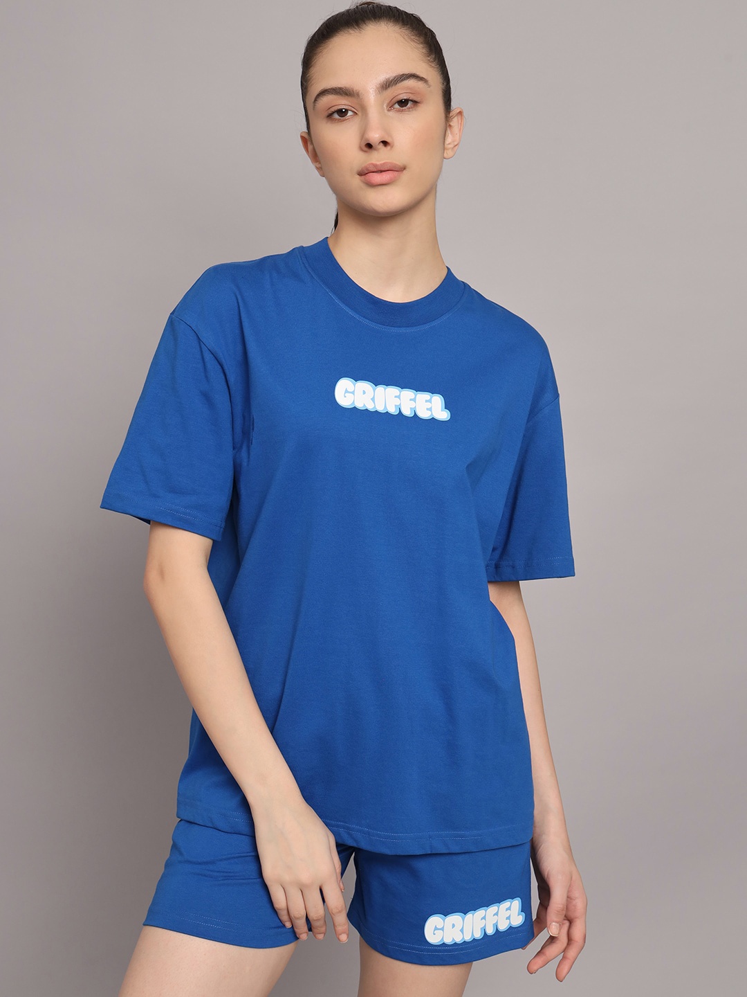 

GRIFFEL Printed Pure Cotton Oversized Fit T-Shirt & Shorts, Blue