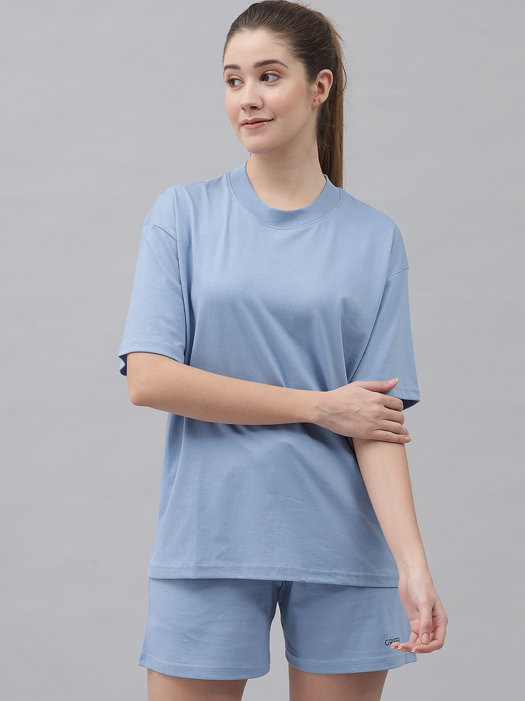 

GRIFFEL Round Neck Pure Cotton Oversized Fit T-Shirt & Shorts, Blue