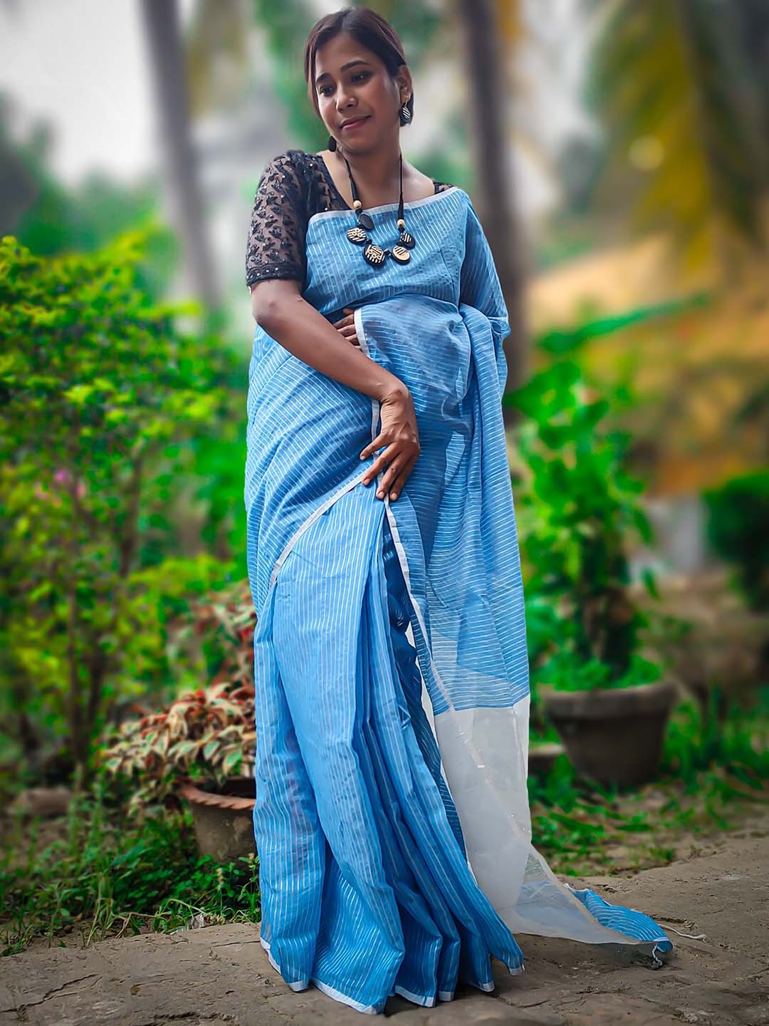 

SPAL FASHION Striped Silk Cotton Maheshwari Saree, Turquoise blue