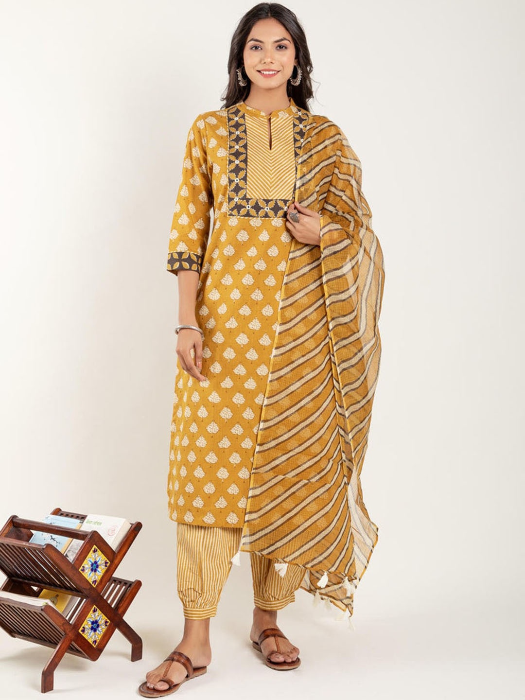

KALINI Floral Printed Kurta With Harem Pants & Dupatta, Mustard