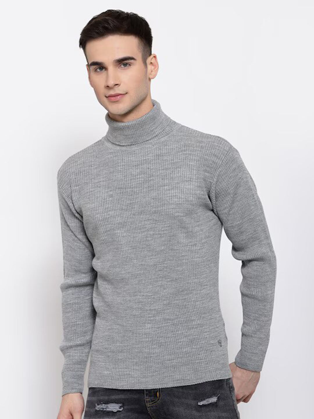 

513 Ribbed Turtle Neck Acrylic Pullover Sweater, Grey