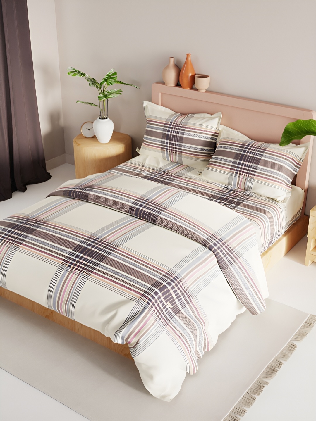 

BIANCA Off White & Brown Checked 4Pcs Double Queen Regular Bedding Set