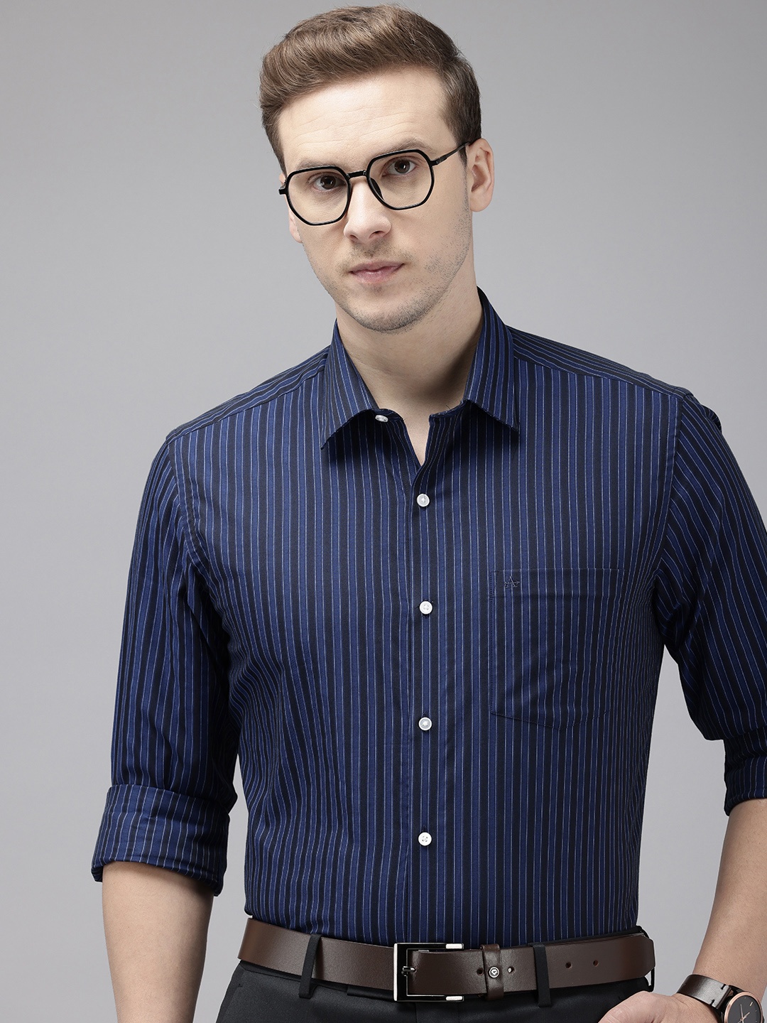 

Arrow Manhattan Slim Fit Striped Pure Cotton Formal Shirt, Navy blue