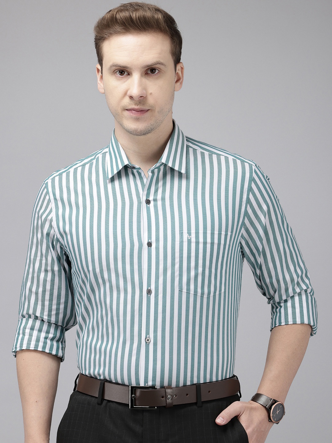 

Arrow Manhattan Slim Fit Striped Pure Cotton Formal Shirt, Green