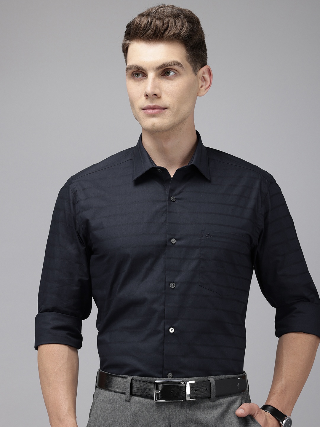 

Arrow Manhattan Slim Fit Striped Pure Cotton Formal Shirt, Navy blue