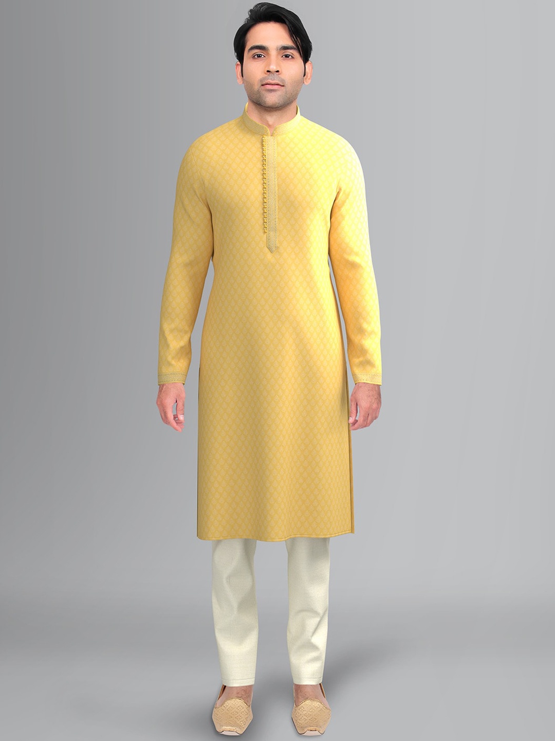 

TheEthnic.Co Men Ethnic Motifs Woven Design Thread Work Jacquard Kurta With Churidar, Yellow