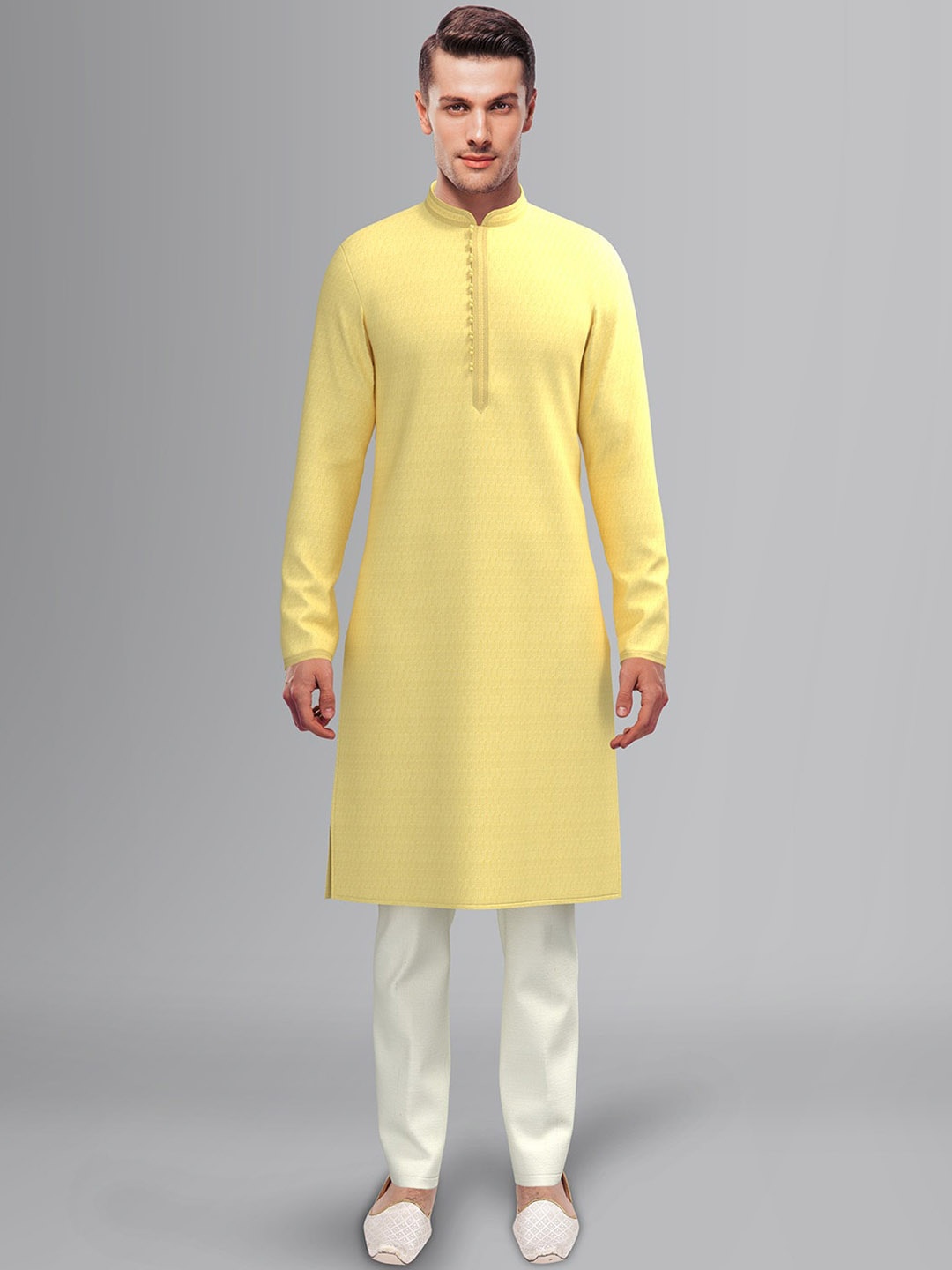 

TheEthnic.Co Floral Woven Design Straight Kurta with Trousers, Yellow