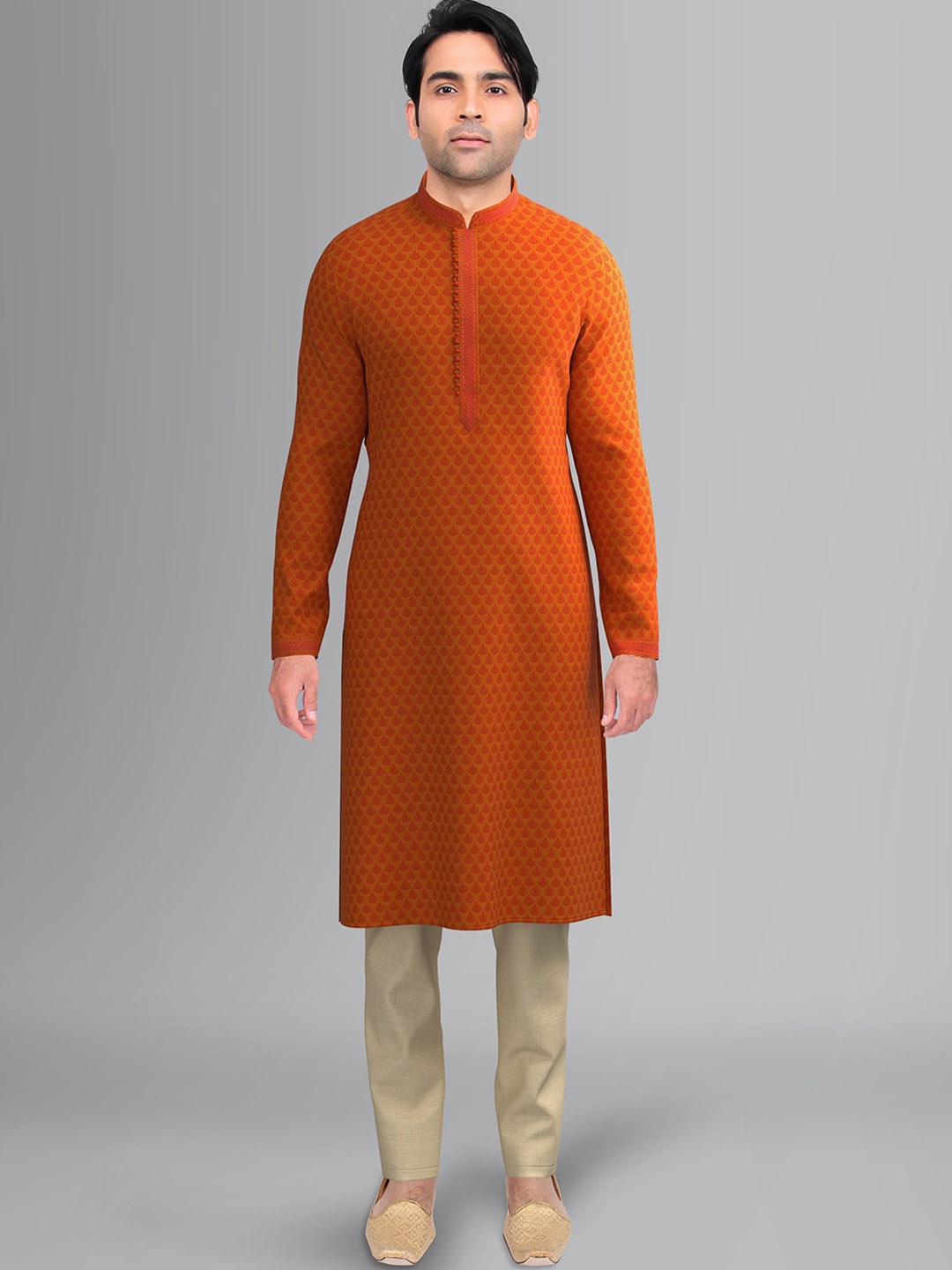 

TheEthnic.Co Men Ethnic Motifs Woven Design Thread Work Jacquard Kurta With Churidar, Rust