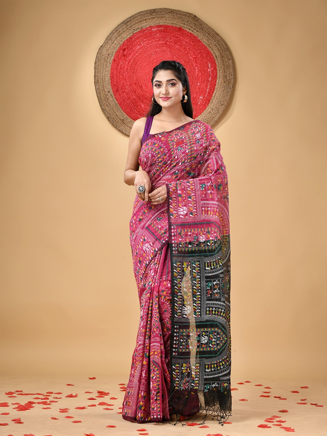 

DESH BIDESH Warli Block Print Saree, Pink