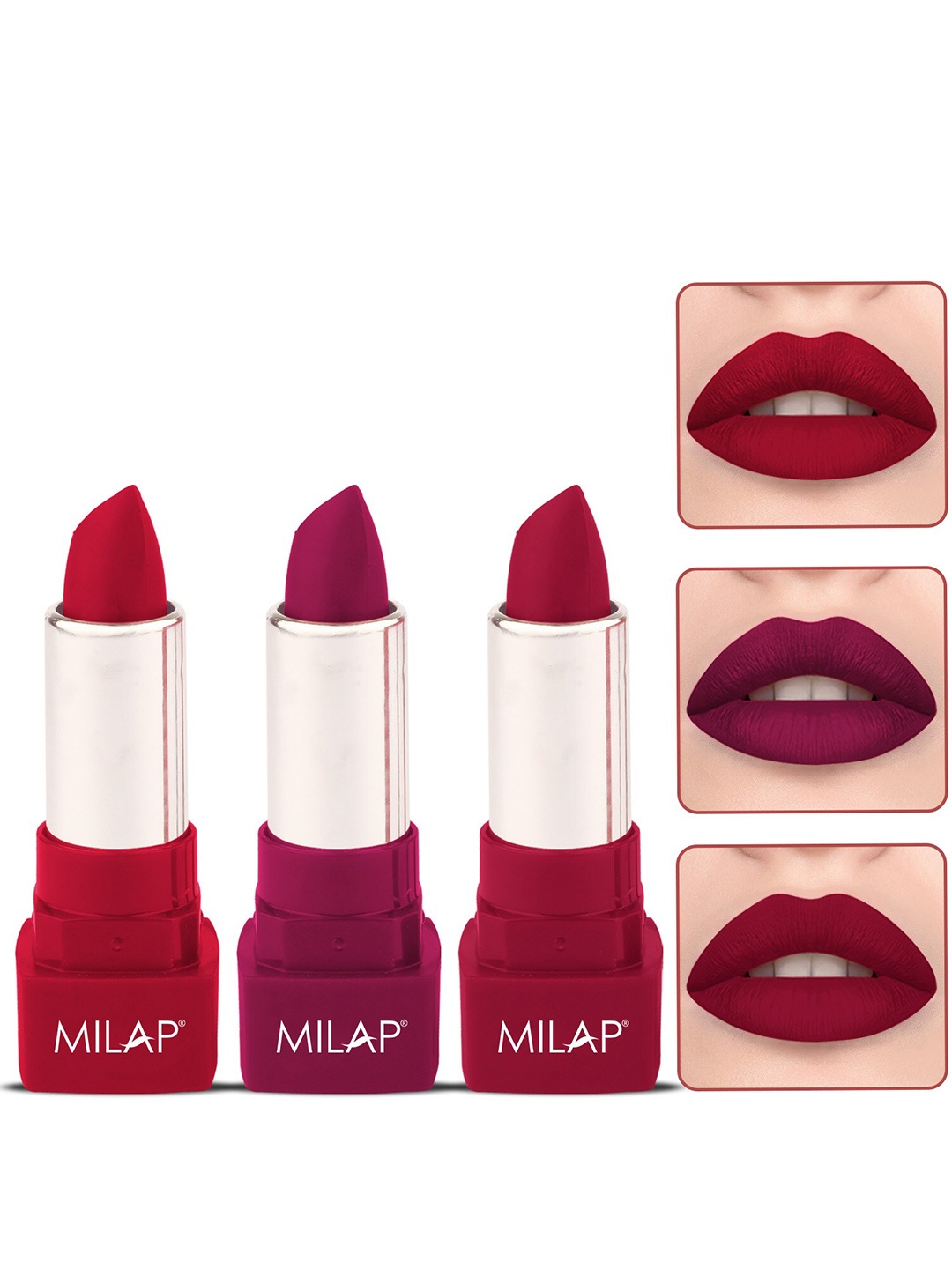 

MILAP Set Of 3 Long Stay Matte Lipsticks 4.2 g Each - Russian Hue + Crimson + Live it Up, Red