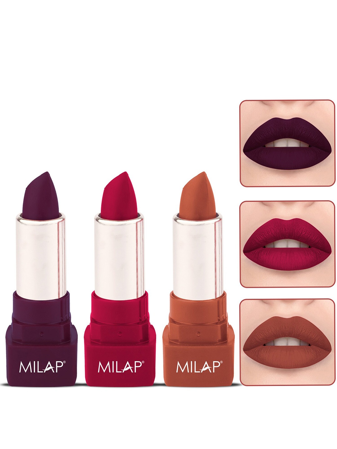 

MILAP Set Of 3 Long Stay Matte Lipsticks 4.2g Each - Aurora + Glamorous + Tea 'N' Coffee, Purple