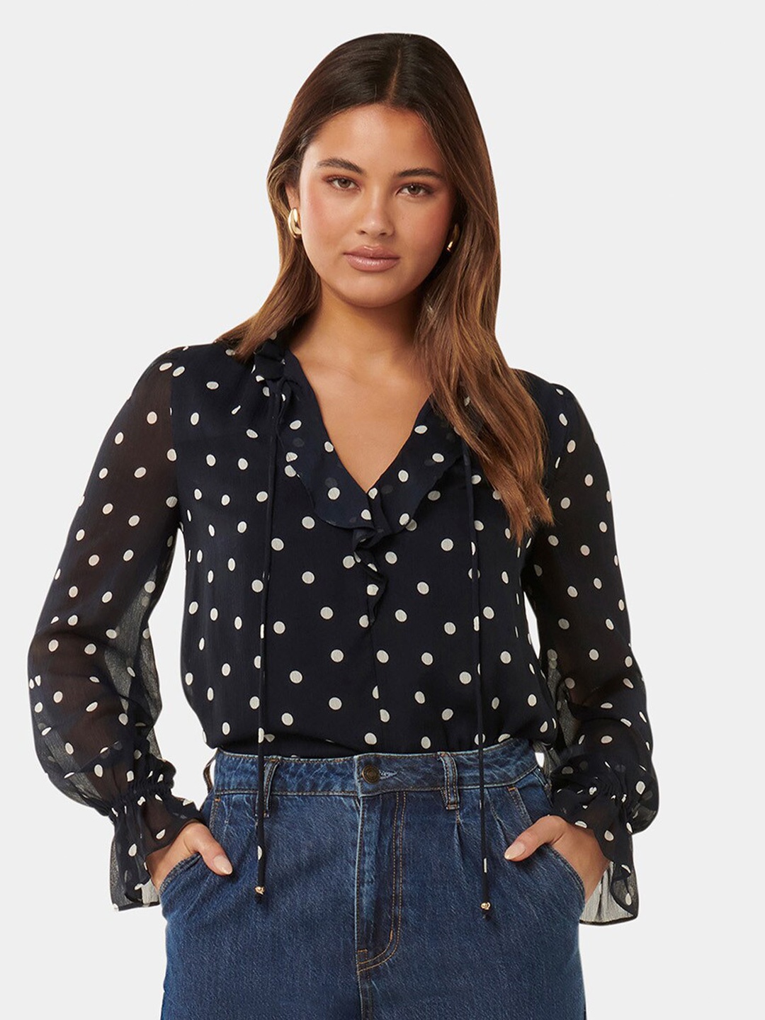 

Forever New Polka Dots Printed Ruffled Top, Navy blue