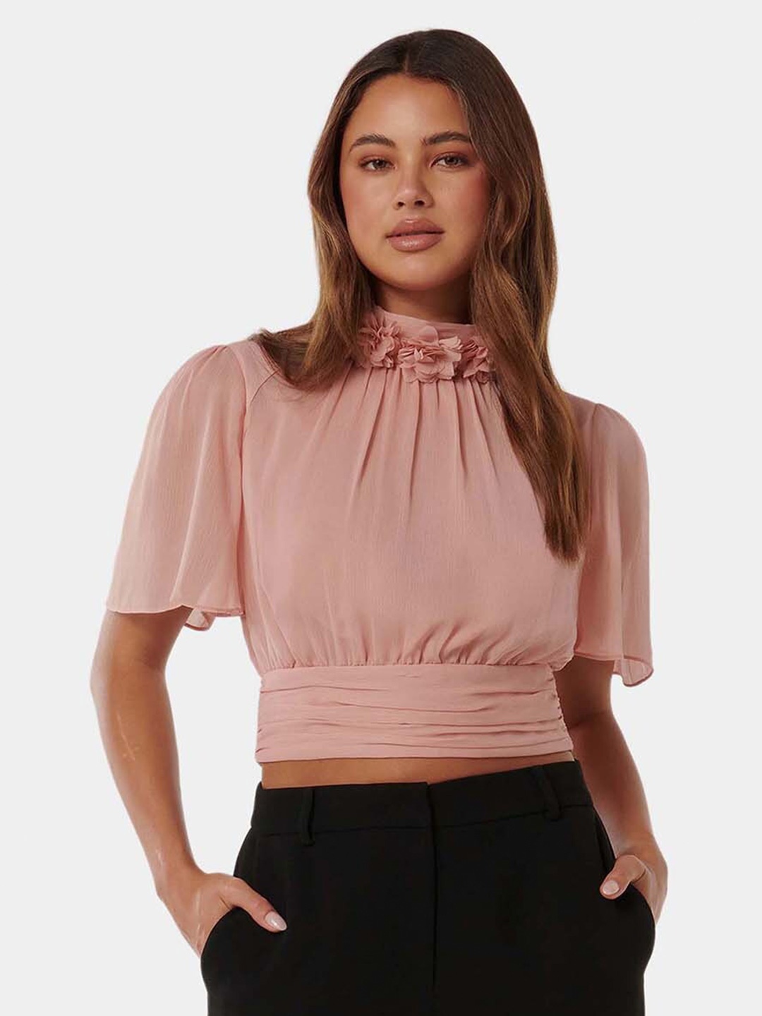

Forever New Frani Floral Applique Puff Sleeve Blouson Crop Top, Pink