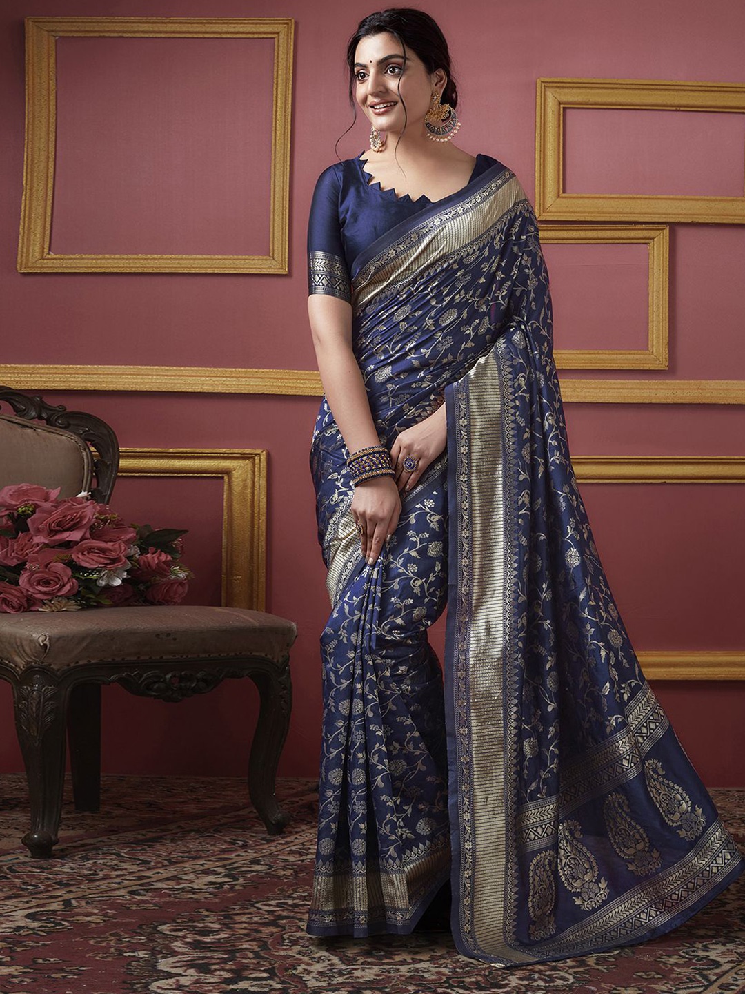 

KALINI Ethnic Motifs Zari Art Silk Banarasi Saree, Navy blue