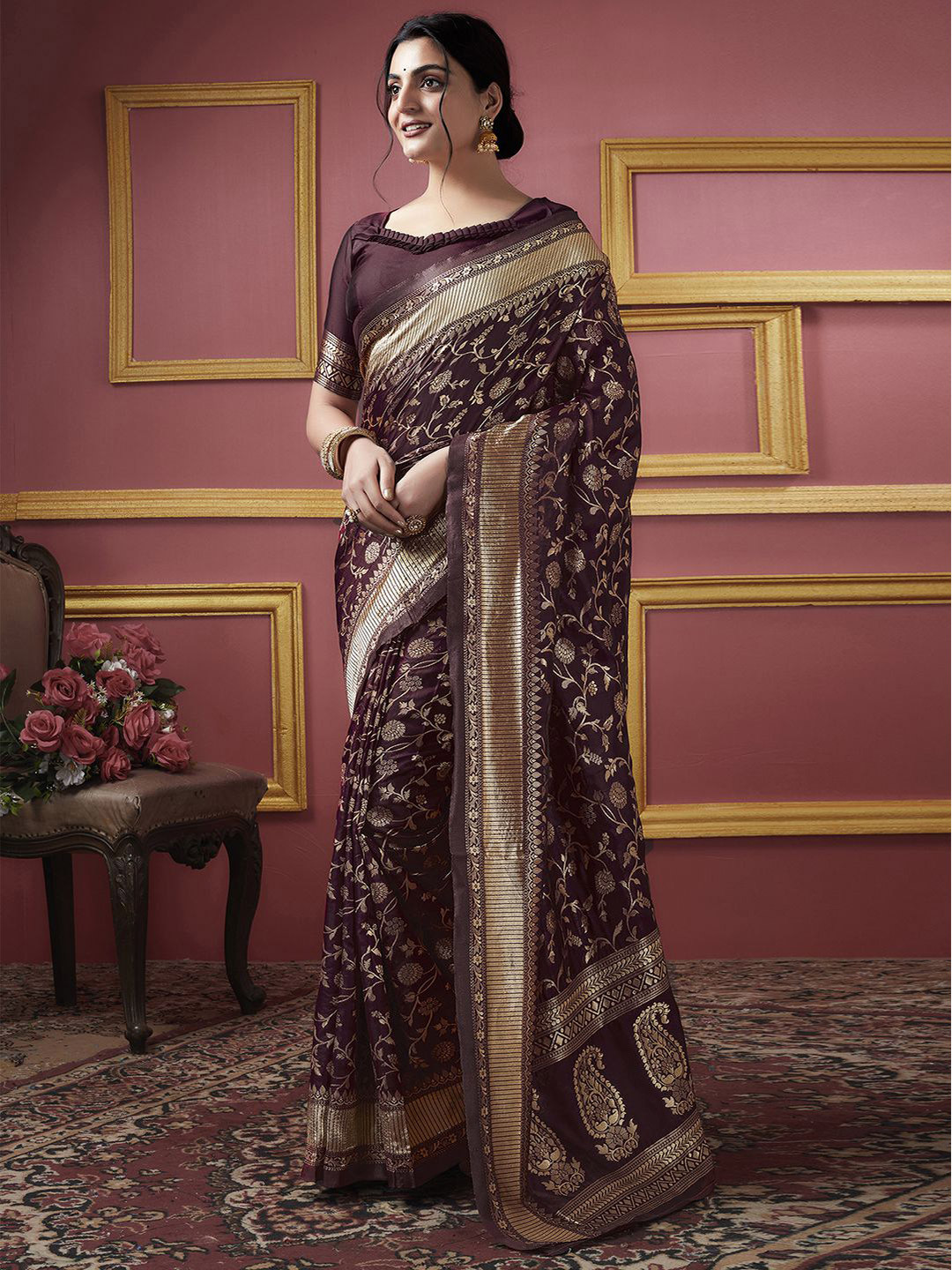 

KALINI Woven Design Jacquard Zari Art Silk Banarasi Saree, Maroon