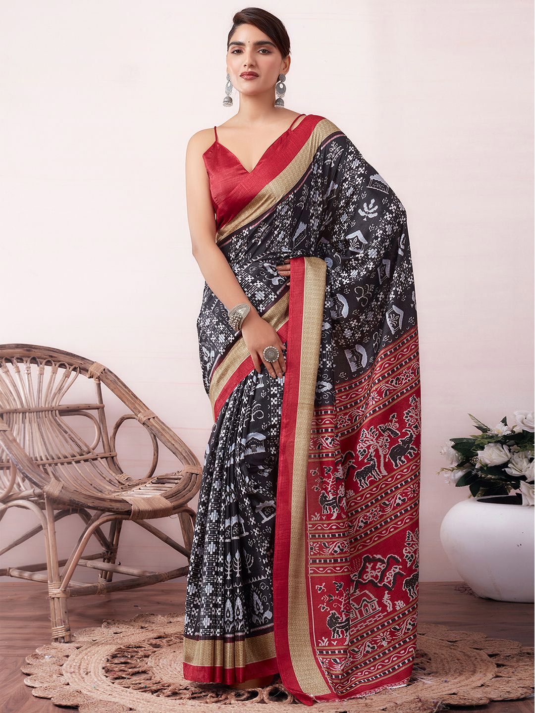 

KALINI Ethnic Motifs Printed Art Silk Chanderi Saree, Black