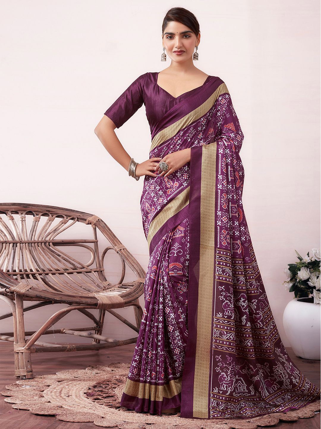 

KALINI Ethnic Motifs Printed Art Silk Chanderi Saree, Purple