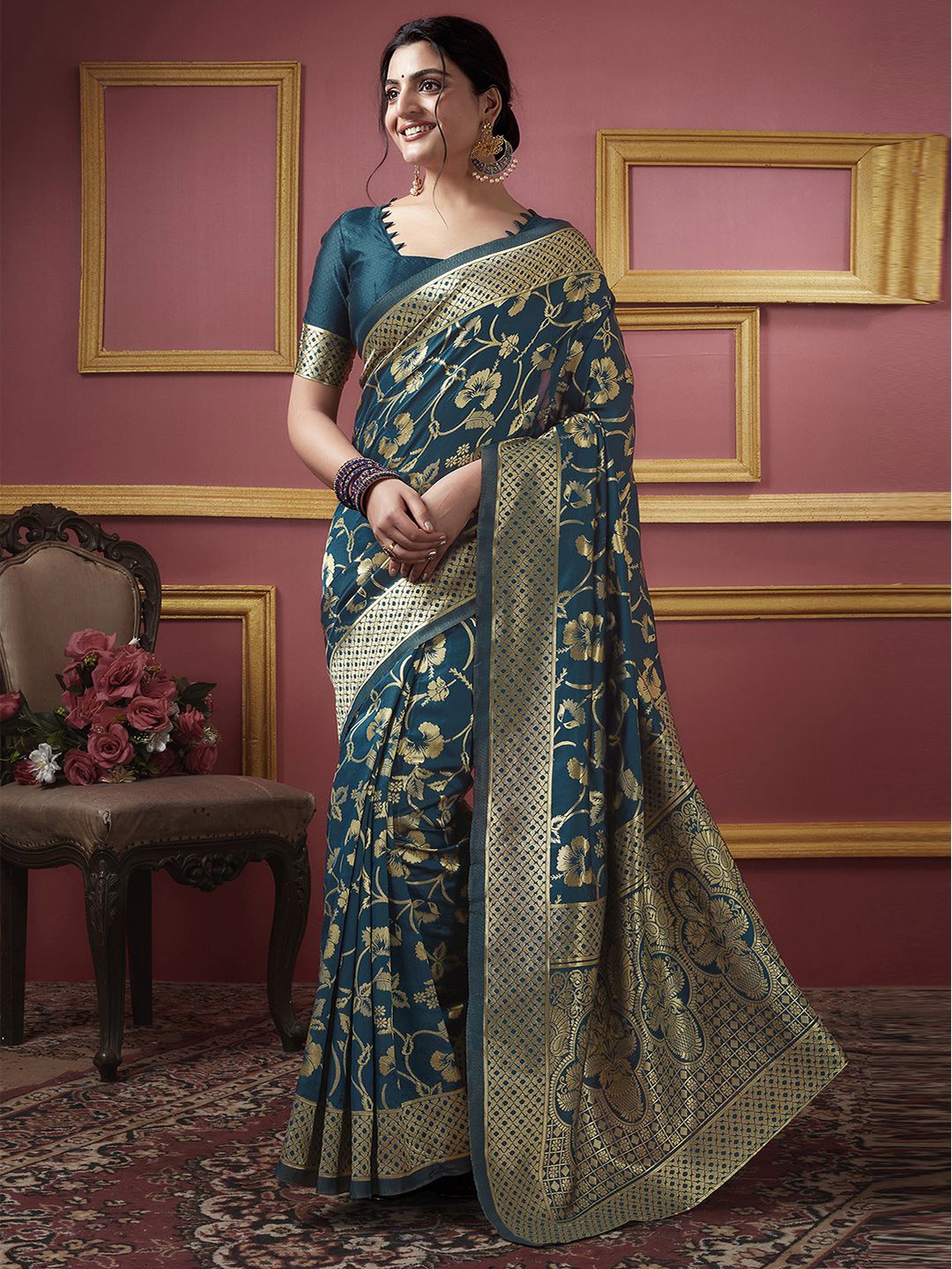 

KALINI Ethnic Motifs Woven Design Zari Banarasi Saree, Teal