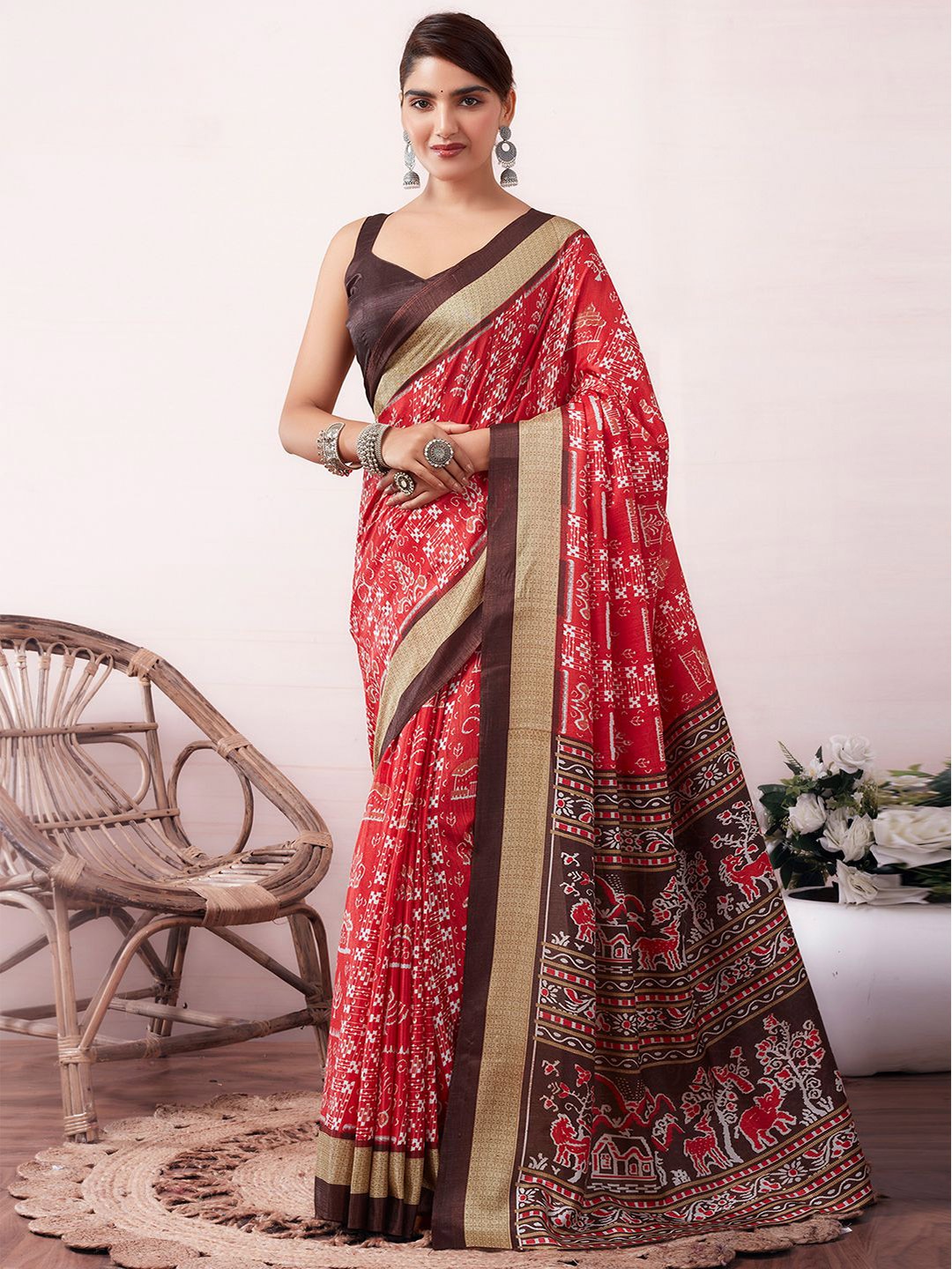 

KALINI Printed Art Silk Saree, Red