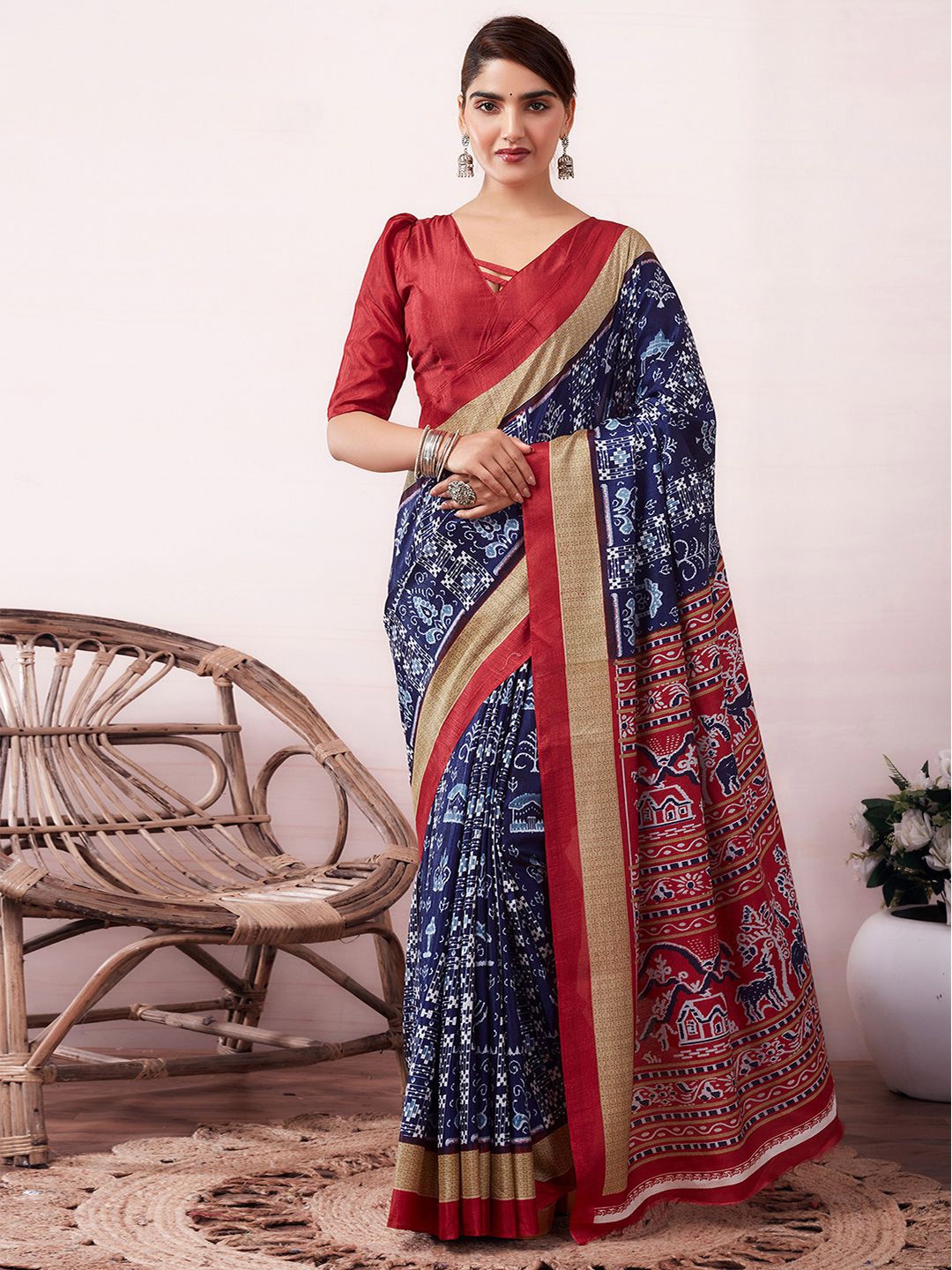 

KALINI Ethnic Motifs Printed Art Silk Chanderi Saree, Navy blue