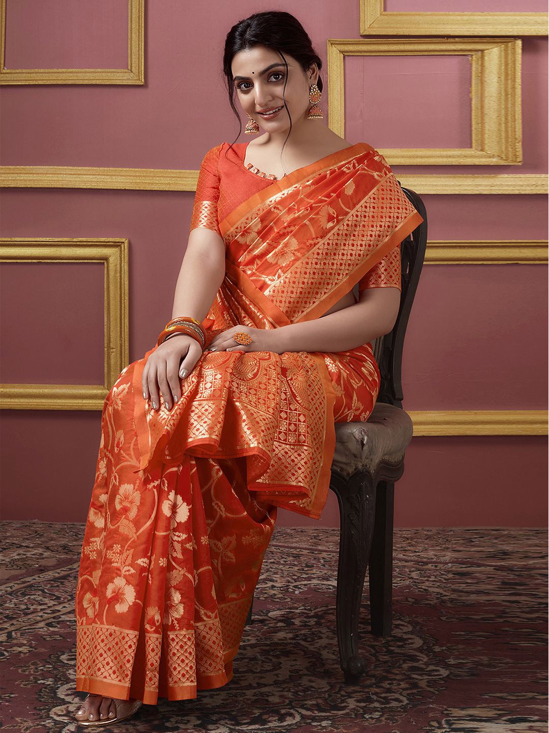 

KALINI Ethnic Motifs Woven Design Art Silk Zari Banarasi Saree, Orange
