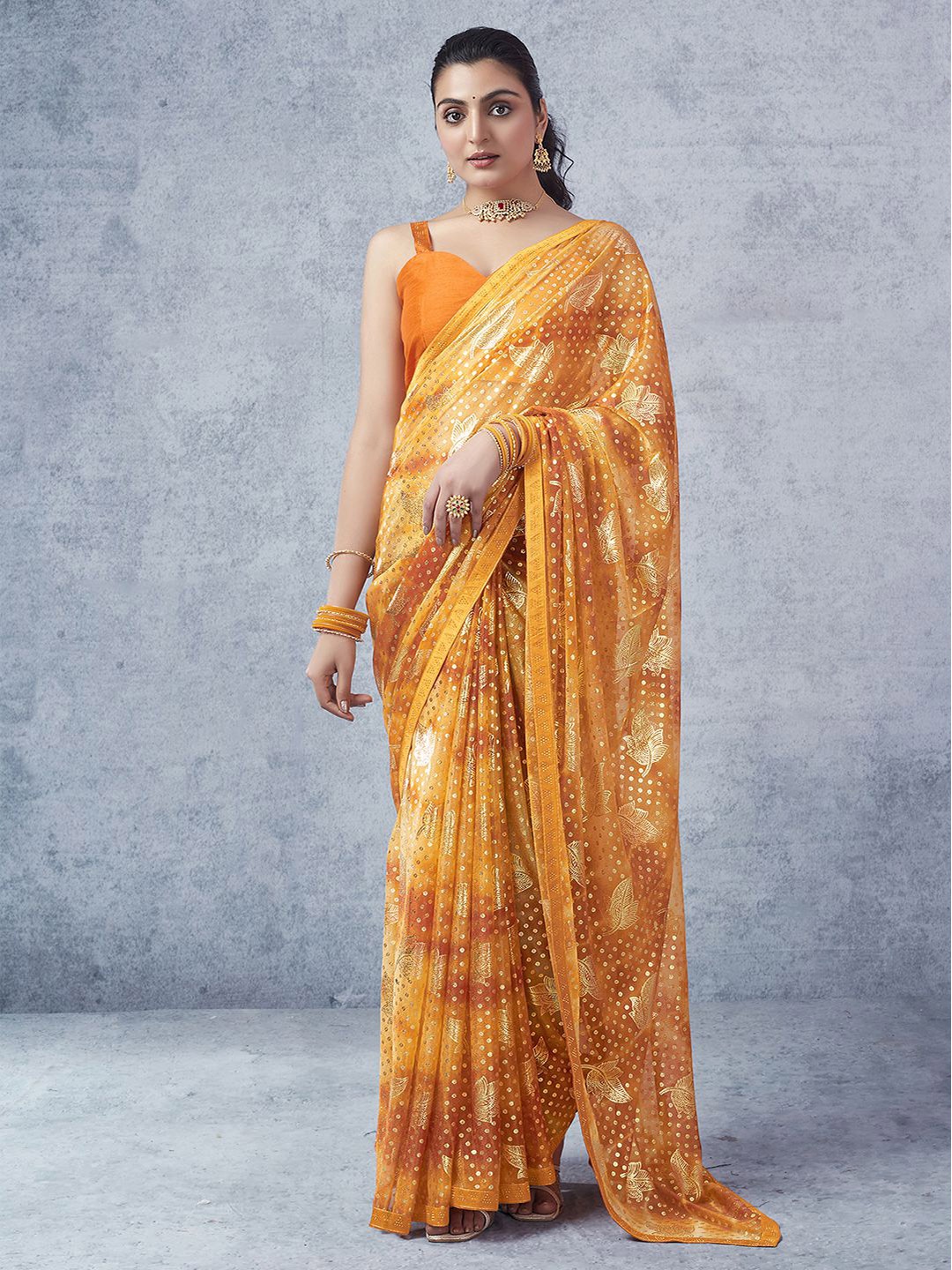 

KALINI Floral Printed Ikat Saree, Yellow