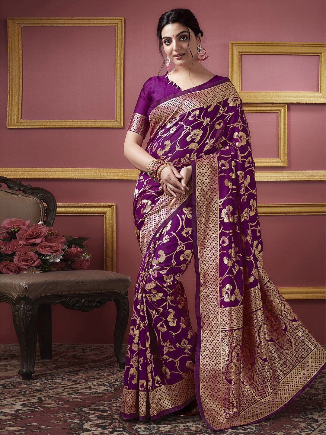 

KALINI Ethnic Motifs Woven Design Zari Art Silk Banarasi Saree, Magenta