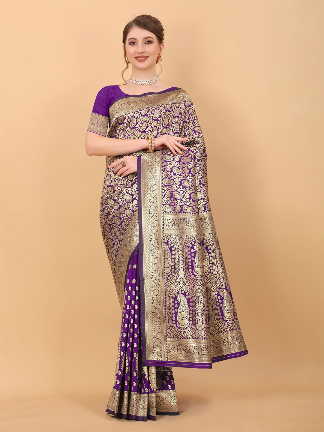 

V3 FASHION STUDIO Ethnic Motifs Woven Design Zari Banarasi Saree, Purple