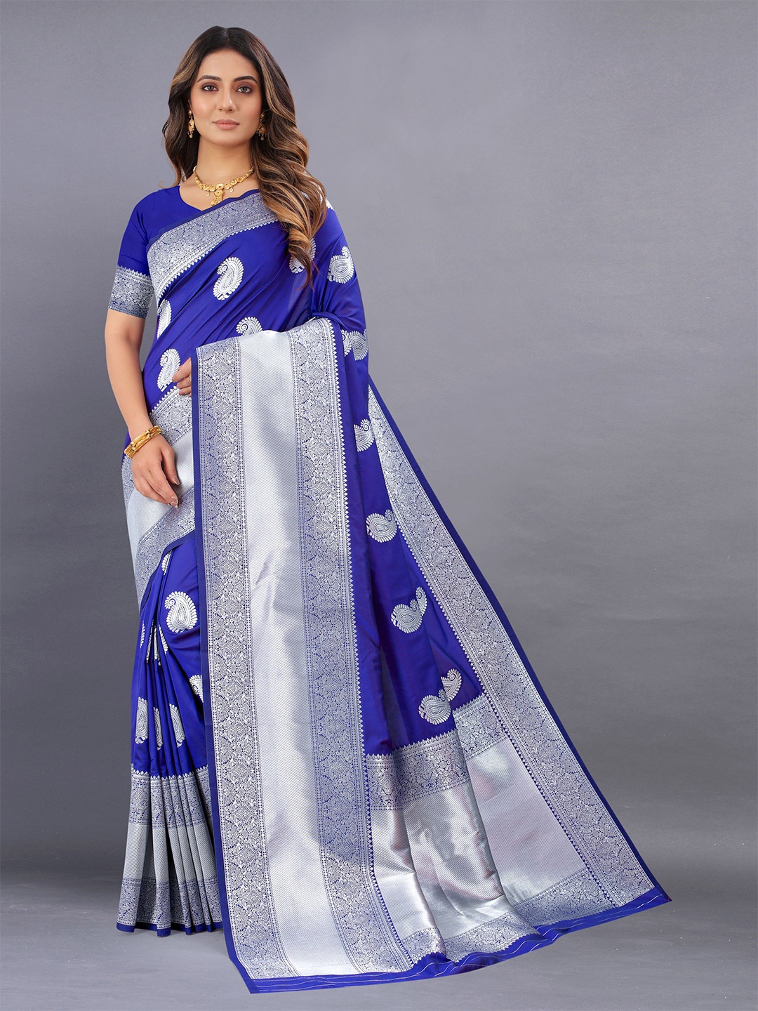 

V3 FASHION STUDIO Ethnic Motifs Woven Design Zari Banarasi Saree, Blue