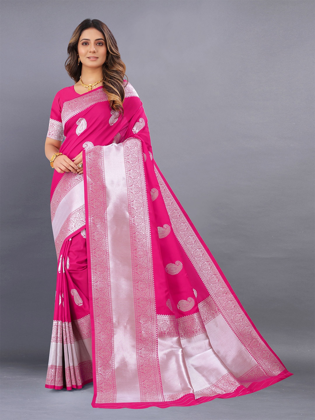 

V3 FASHION STUDIO Ethnic Motifs Woven Design Zari Banarasi Saree, Pink