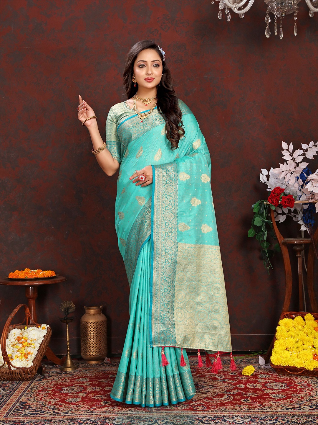 

V3 FASHION STUDIO Ethnic Motifs Woven Design Zari Banarasi Saree, Blue